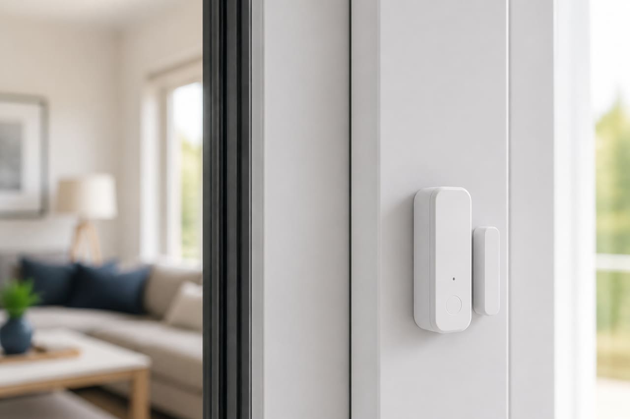 Wireless Window Security Alarm Installed on White Frame