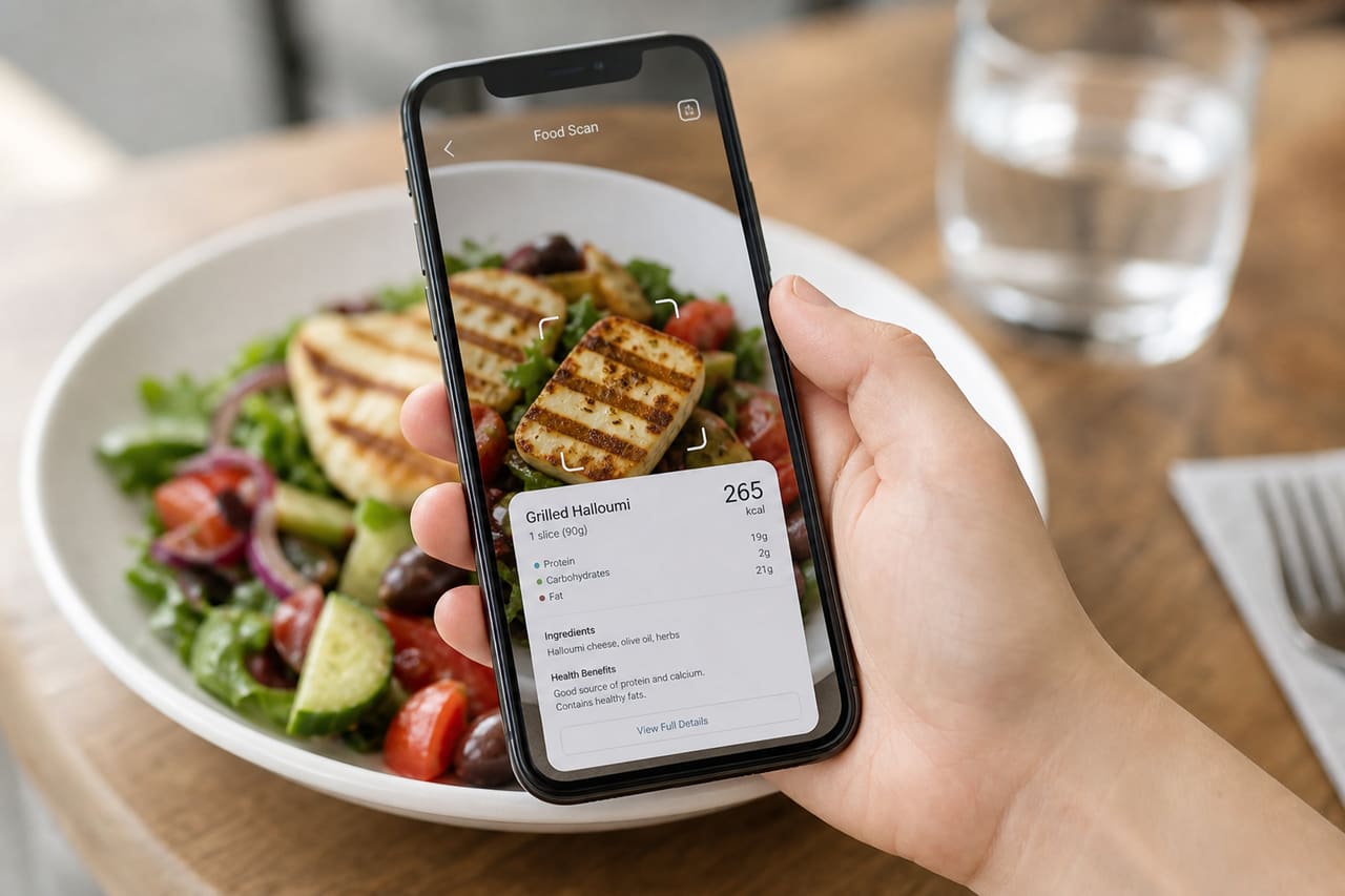 Person Using Food Id App to Scan Mediterranean Salad