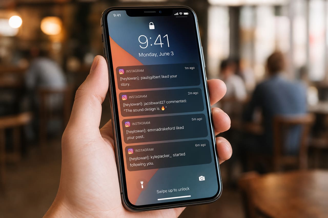 Smartphone Displaying Instagram Push Notifications on Lock Screen