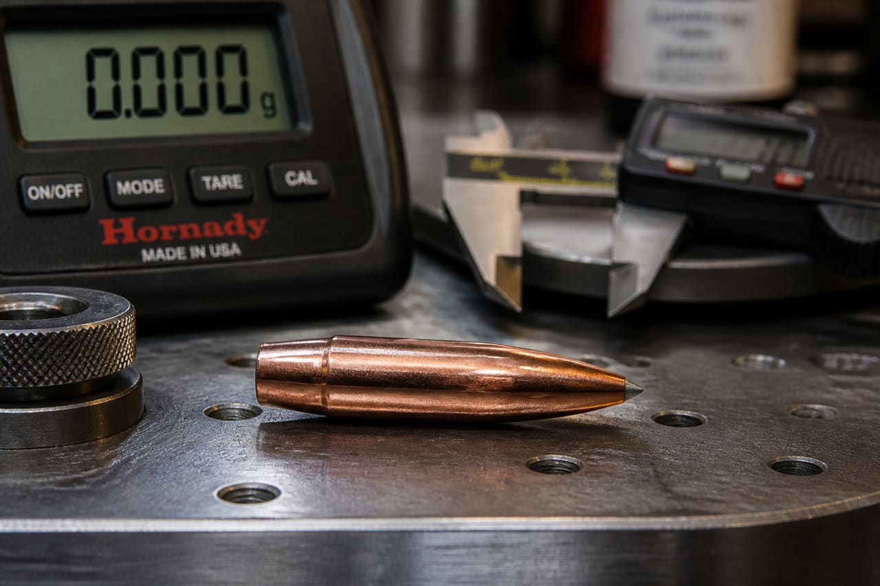 Hornady 105 Grain Bthp Bullet on a Precision Reloading Bench