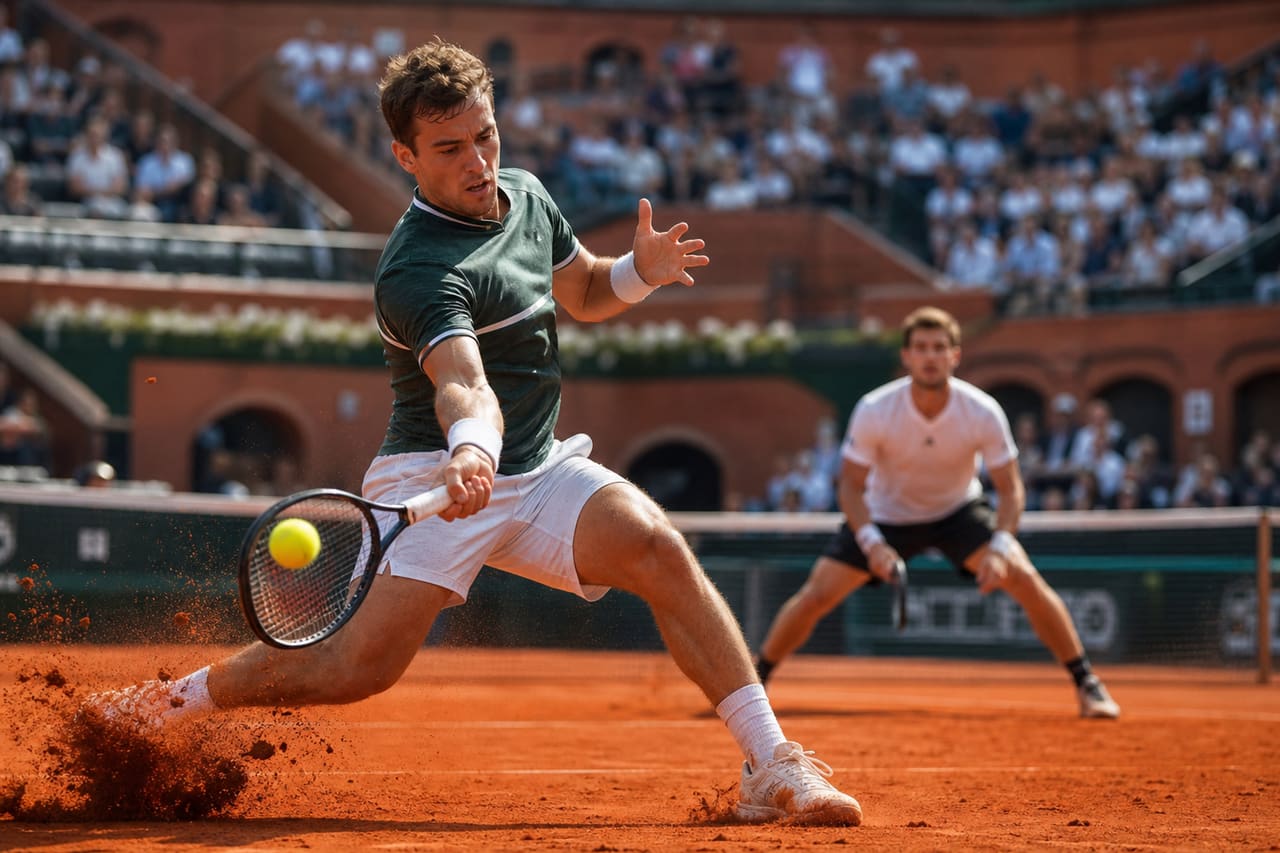 Professional Tennis Players Competing on a Red Clay Court