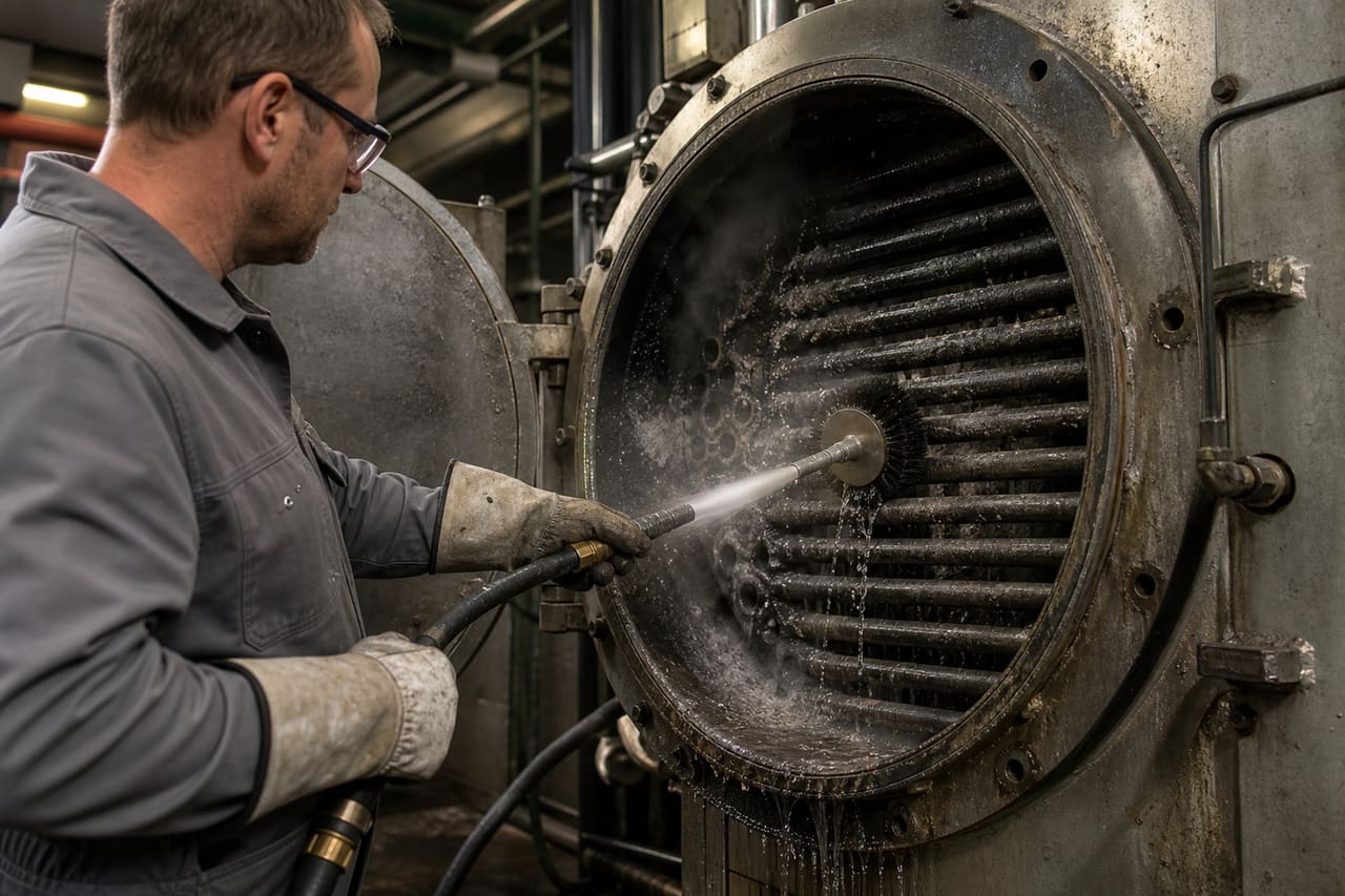 Technician Cleaning a Steam Boiler in an Industrial Plant