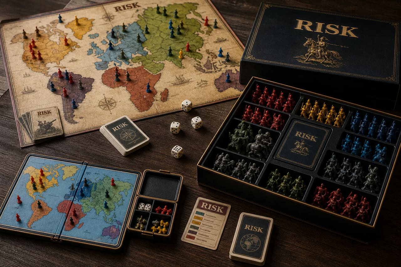 Various Editions of a Global Conquest Board Game on a Wooden Table