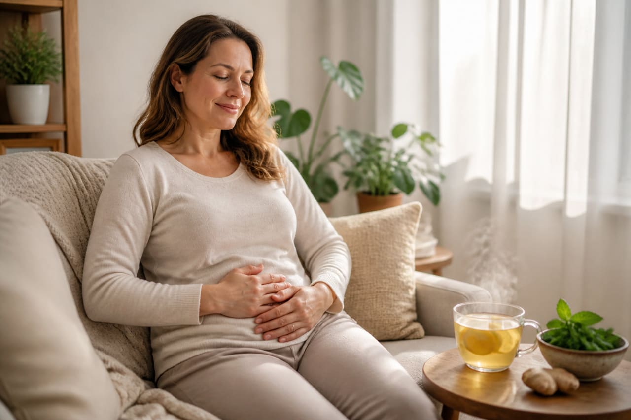 Woman Using Natural Remedies for Bloating in a Bright Living Room