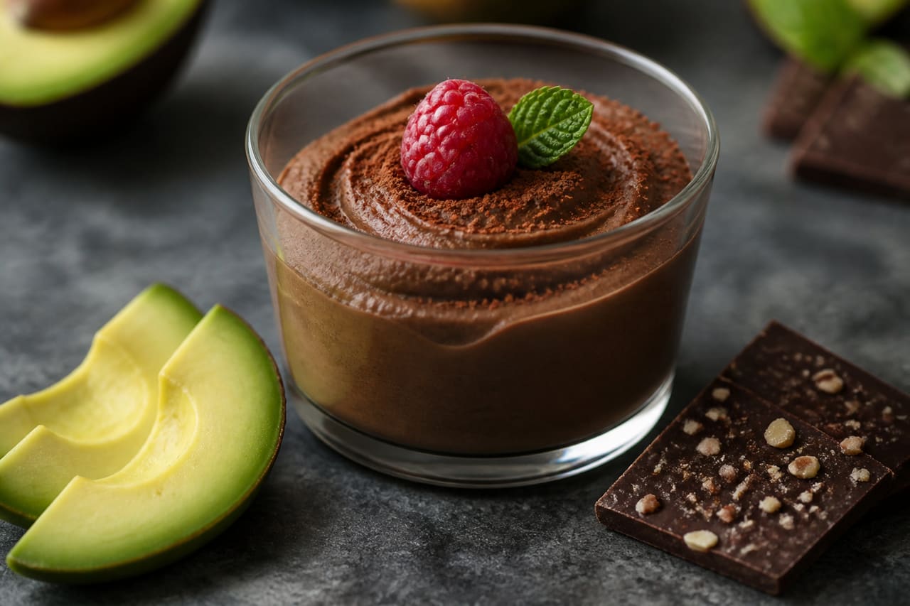 Avocado Chocolate Mousse with Raspberry and Mint Leaf