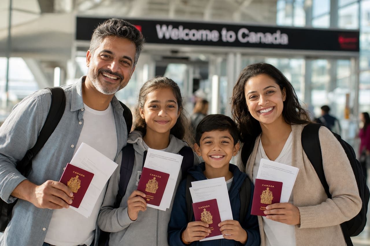 Diverse Family Holding Passports and Documents in Front of Canadian Airport