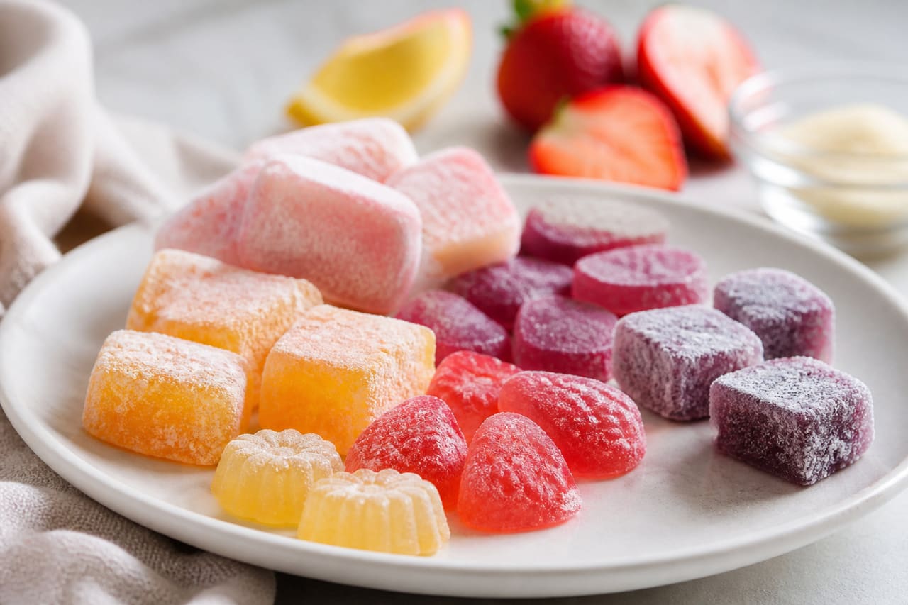 Assorted Low Calorie Chewy Sweets on a White Platter