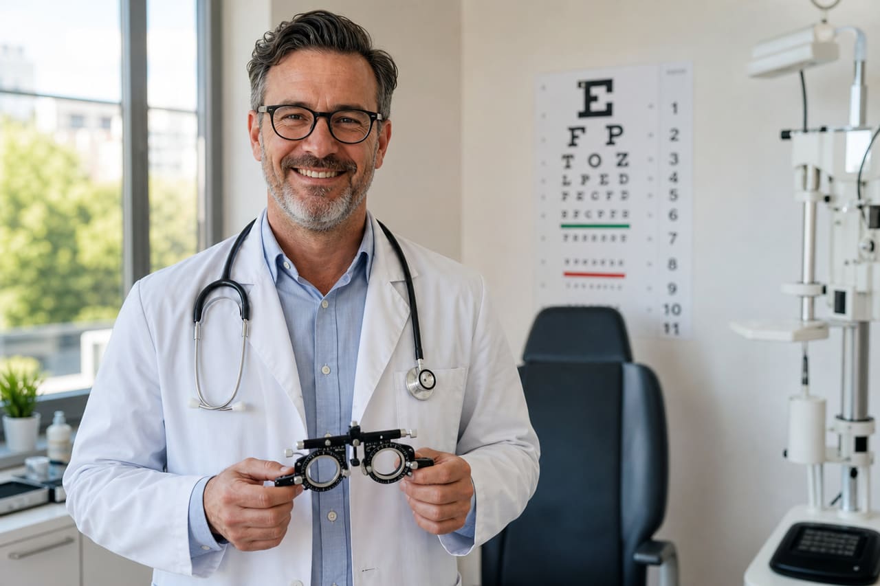 Smiling Optometrist Standing in a Modern Eye Clinic