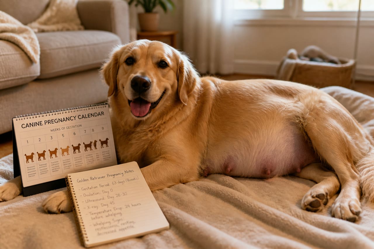 Pregnant Golden Retriever Resting with Veterinary Pregnancy Calendar