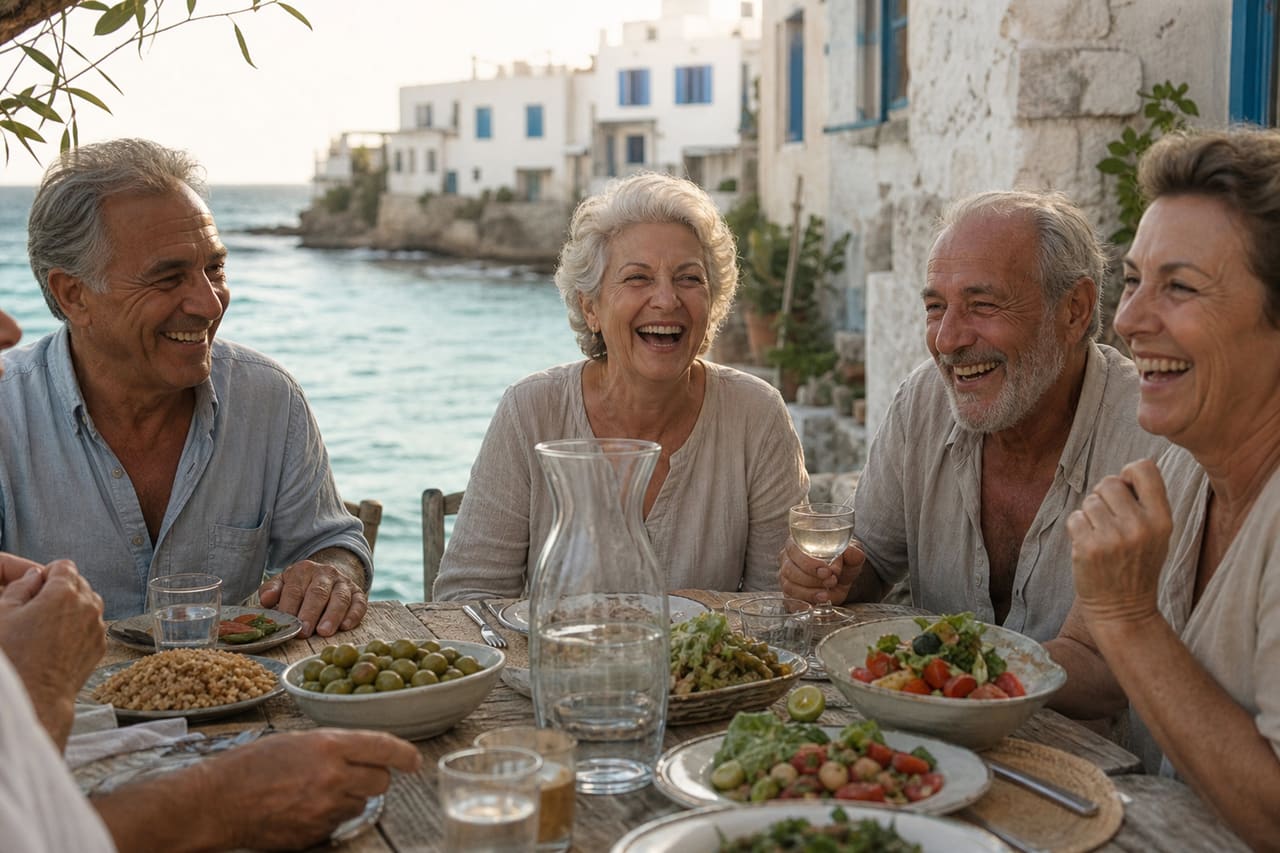 Elderly Friends Sharing a Healthy Meal in a Mediterranean Village