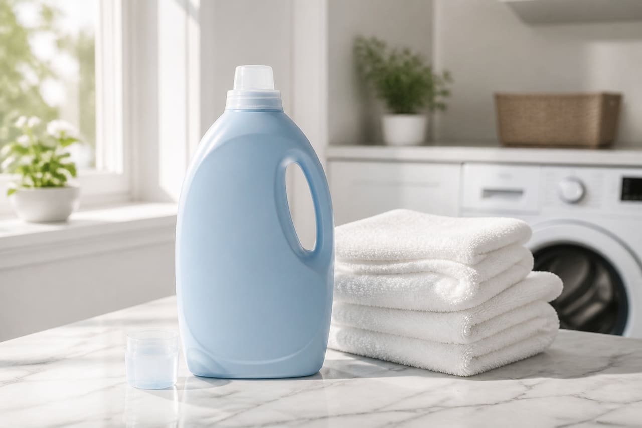 Fabric Softener Bottle Beside Folded White Towels