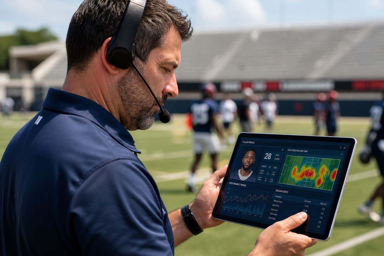 Professional Football Scout Analyzing Player Performance on a Tablet