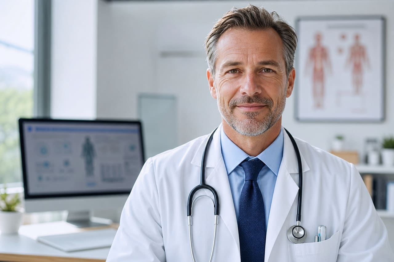 Professional Male Physician Wearing a Lab Coat in a Clinic