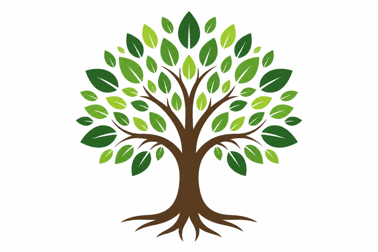 Minimalist Vector Tree with Green Leaves on White Background