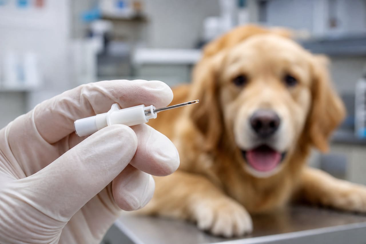 Veterinarian Implanting a Microchip Dog Tag in a Golden Retriever