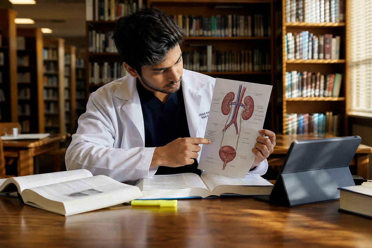 Medical Student Studying Renal and Urinary System Diagrams