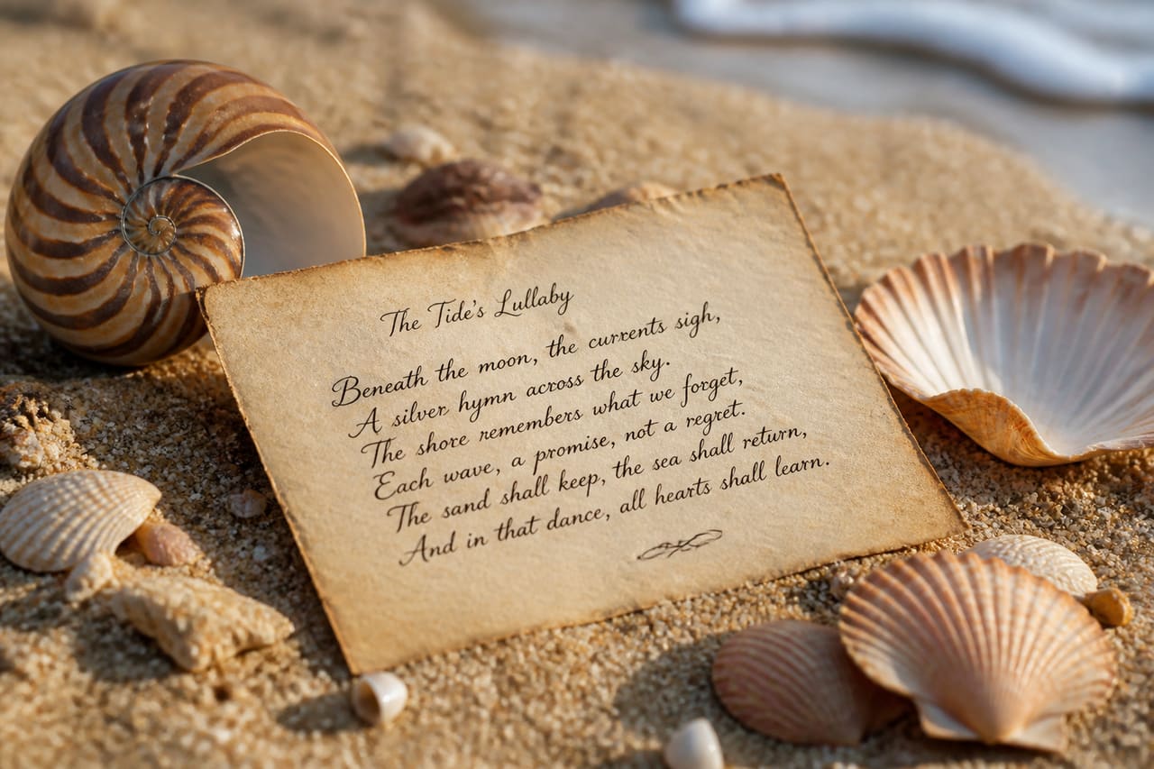 Vintage Seashells and Handwritten Lyrics on a Sandy Beach