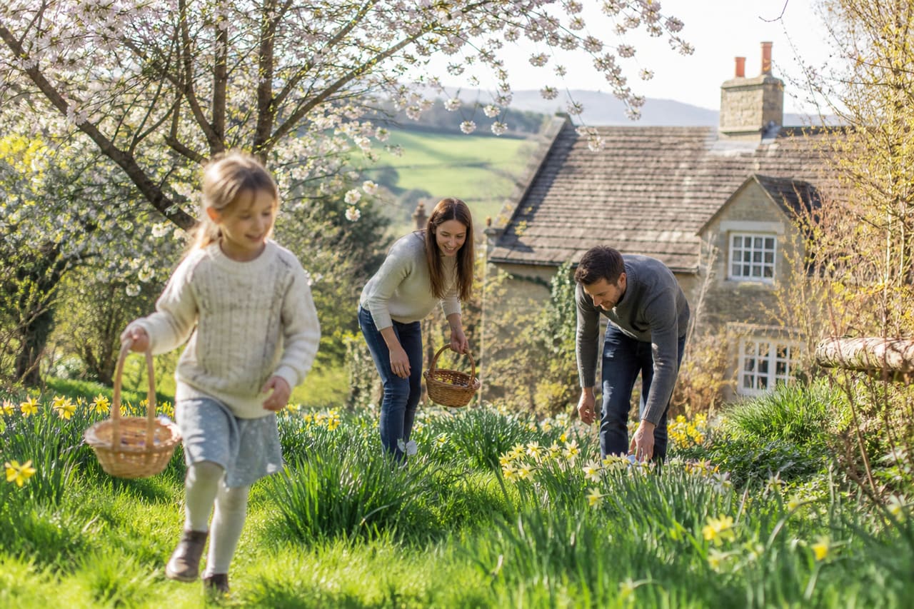 Family Searching for Easter Eggs in Warwickshire Countryside