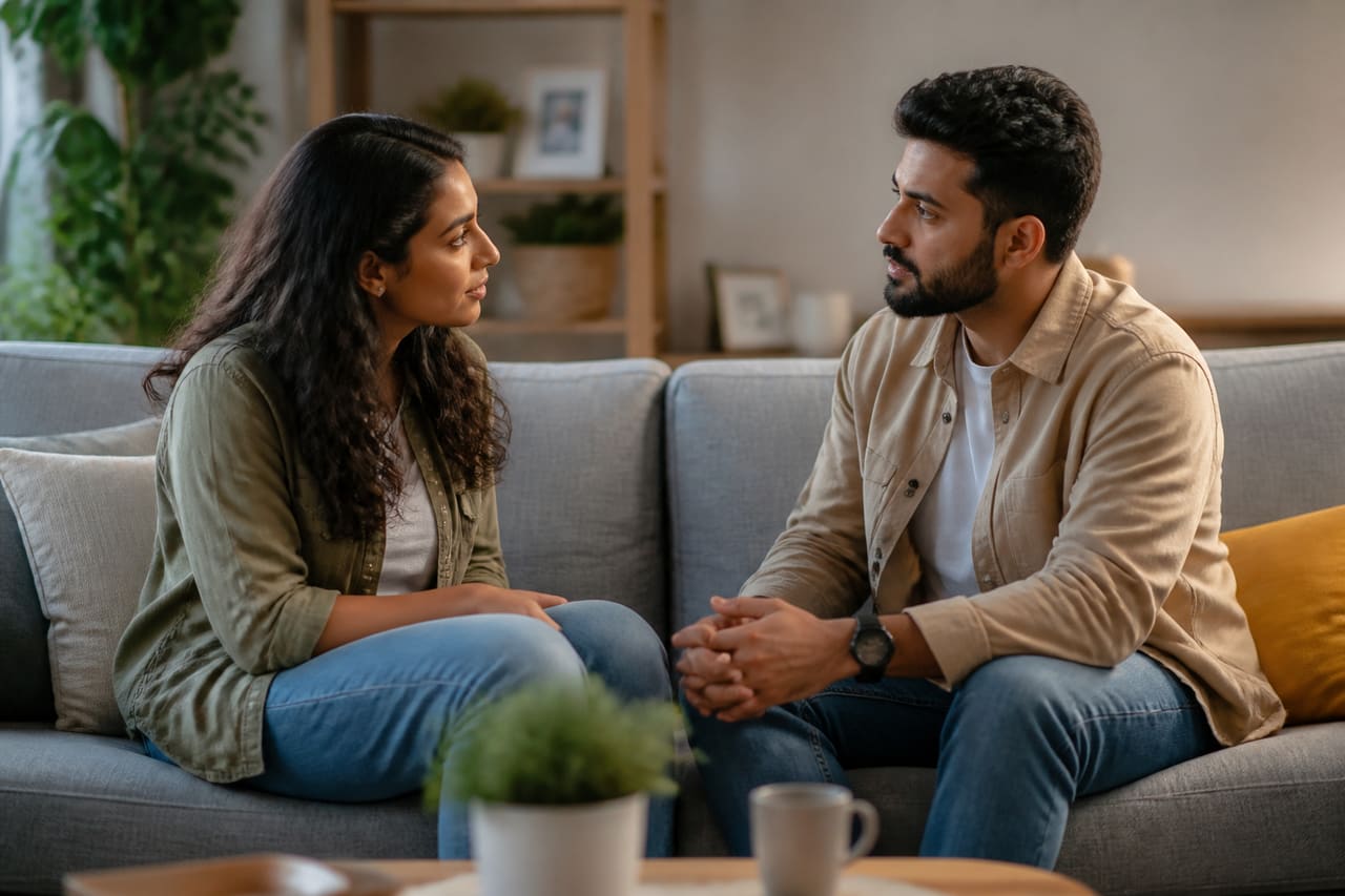 Couple Discussing Future Plans in a Cozy Living Room