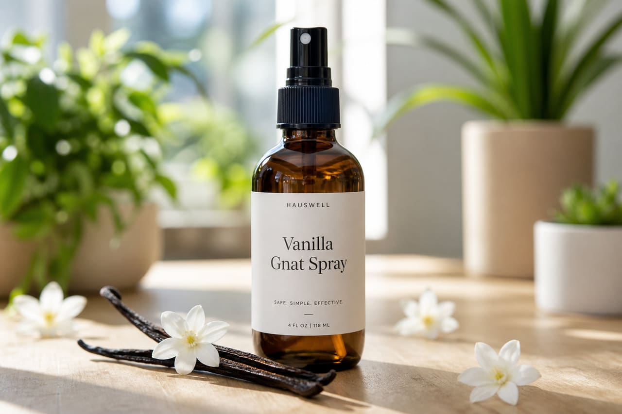 Vanilla Gnat Spray Bottle with Vanilla Beans on Wooden Table