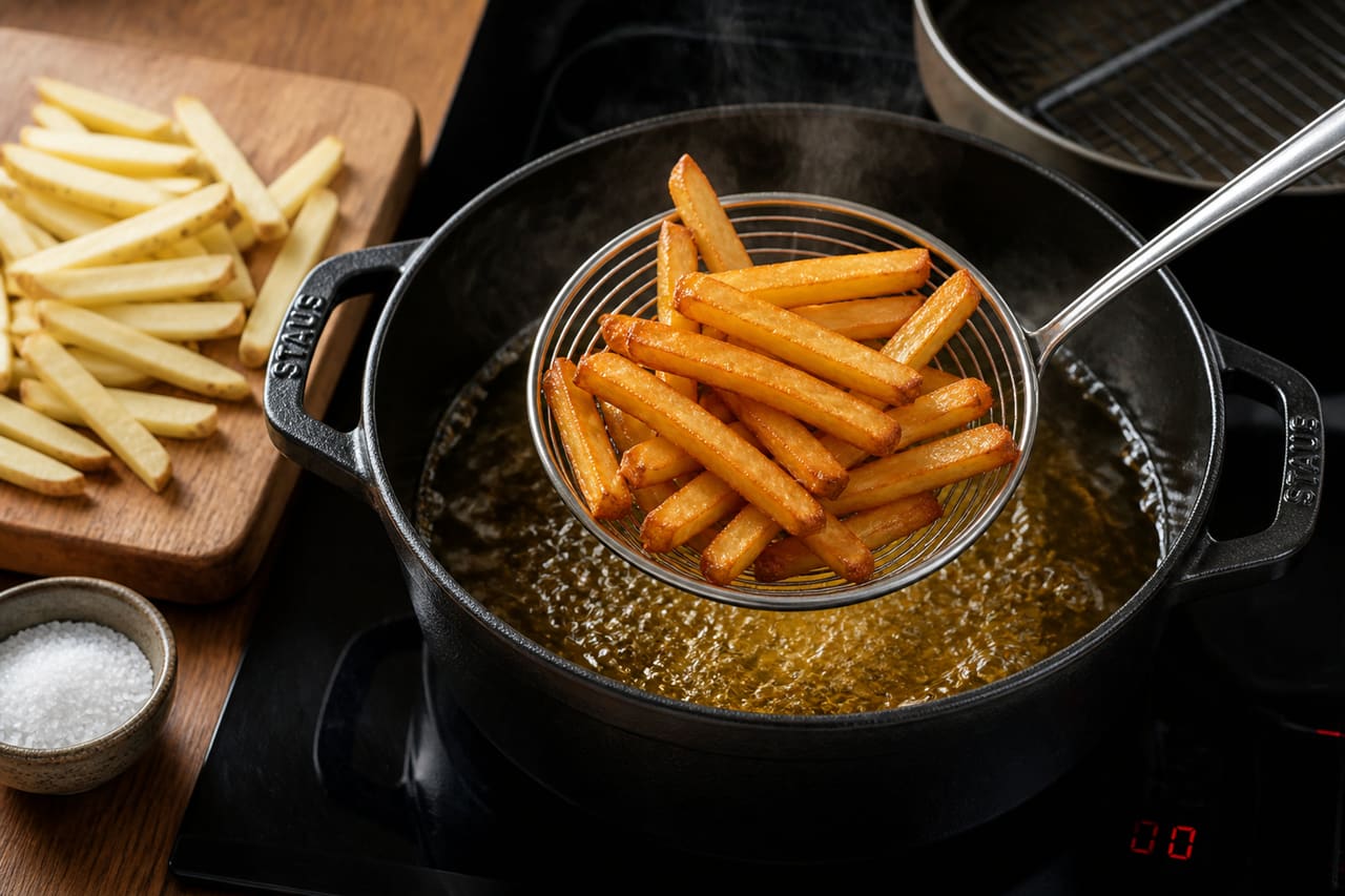 Golden French Fries Being Lifted from Hot Oil