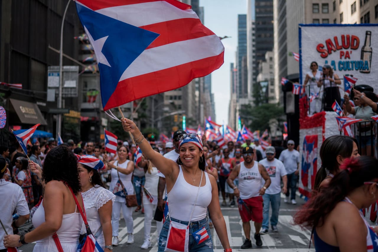 Celebrants Waving Flags During the Puerto Rican Day Parade Nyc