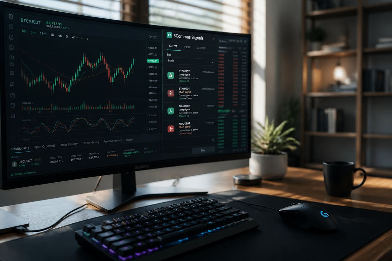Trading Station Displaying 3commas Signals on a Computer Monitor