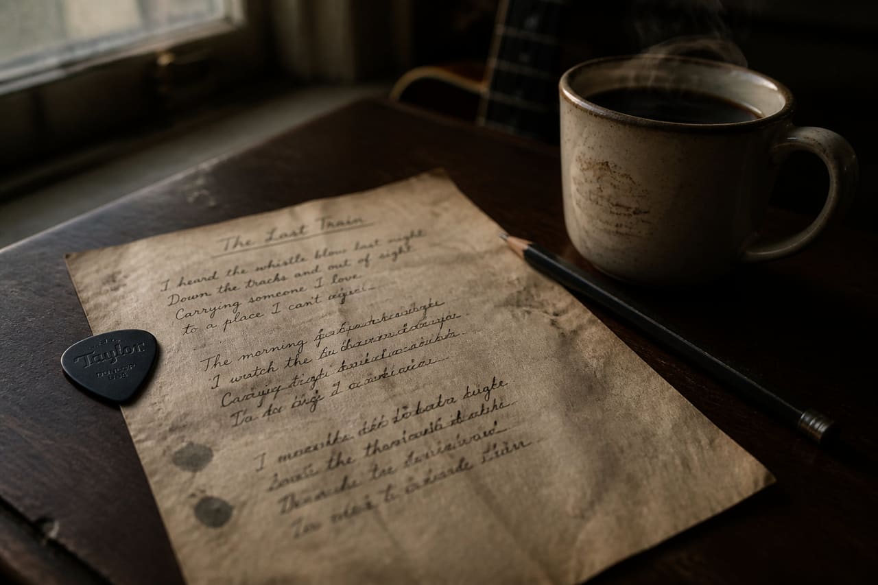Handwritten Song Lyrics on a Vintage Wooden Desk