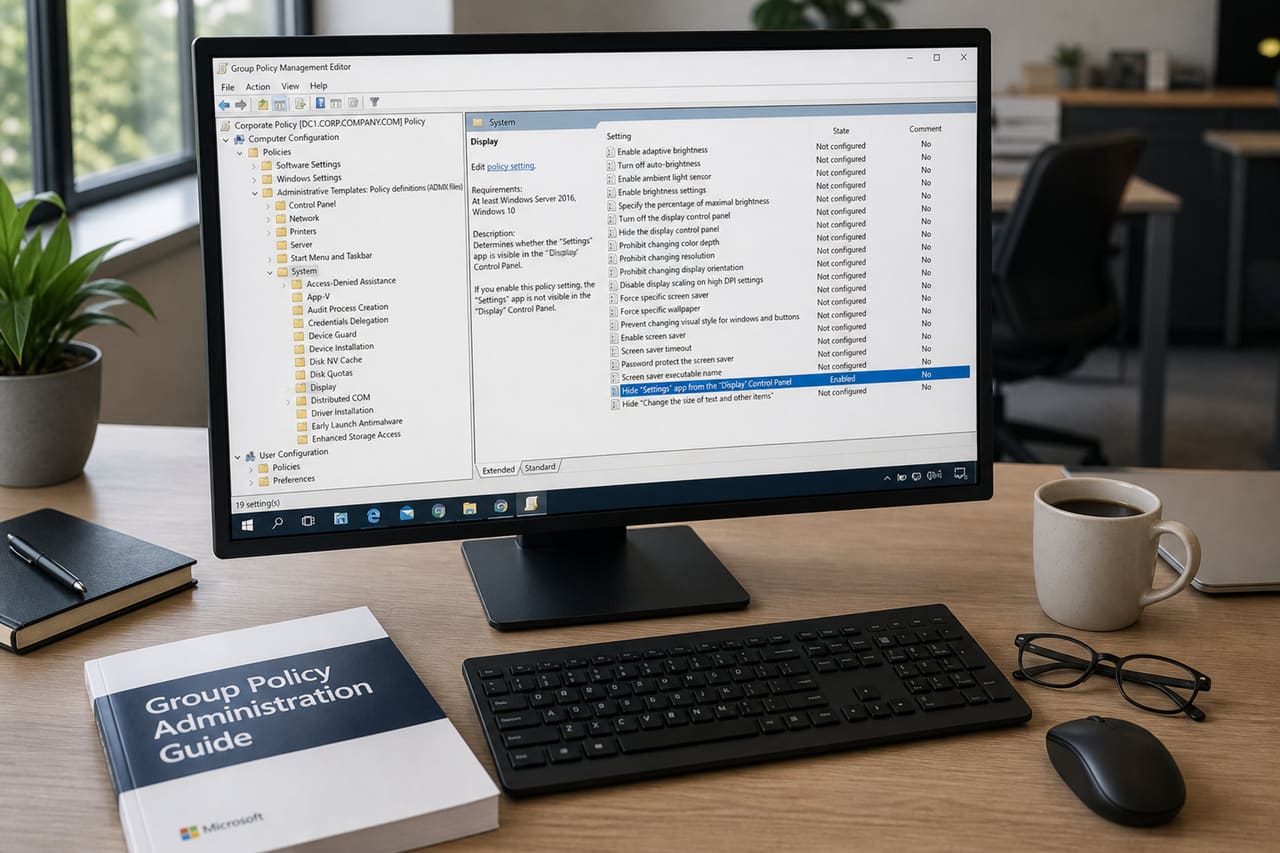 It Professional Using a Group Policy Administration Guide at a Desk