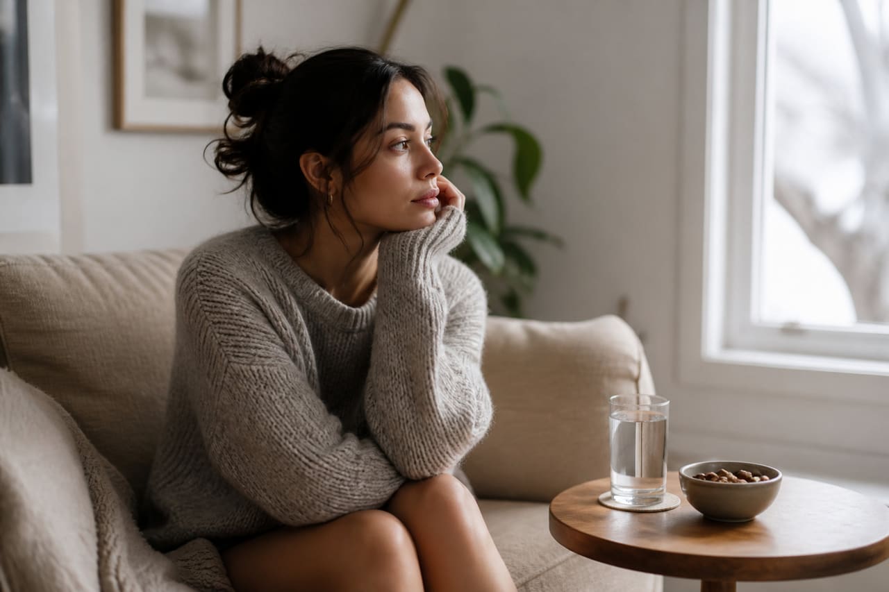 Slender Woman Reflecting on Health in a Bright Living Room