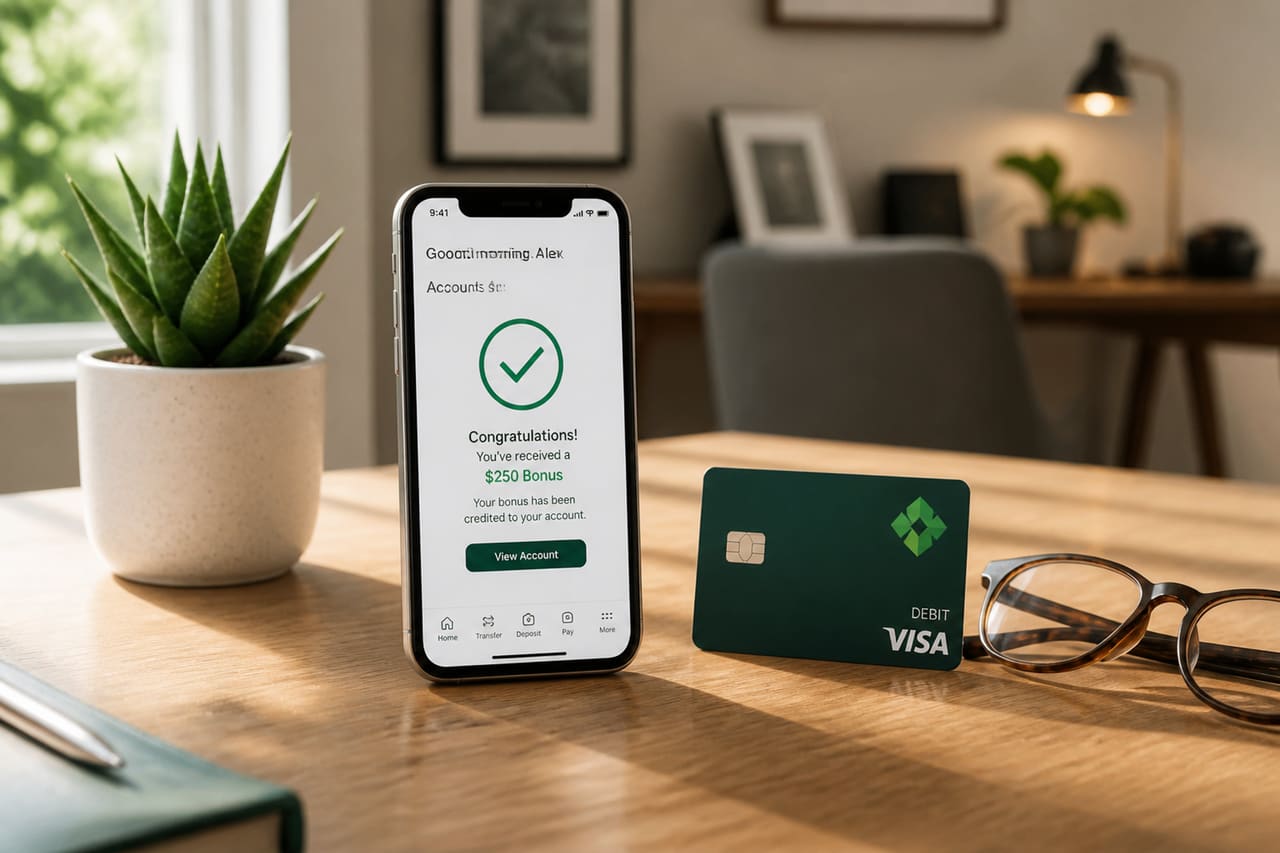Smartphone Displaying a Bank Promotion Bonus on a Desk
