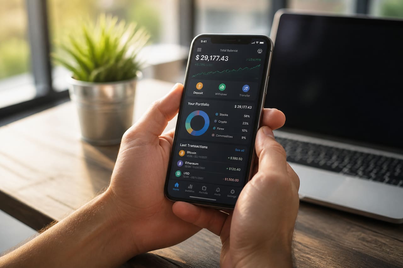 Professional Using Mobile Banking App for Financial Management