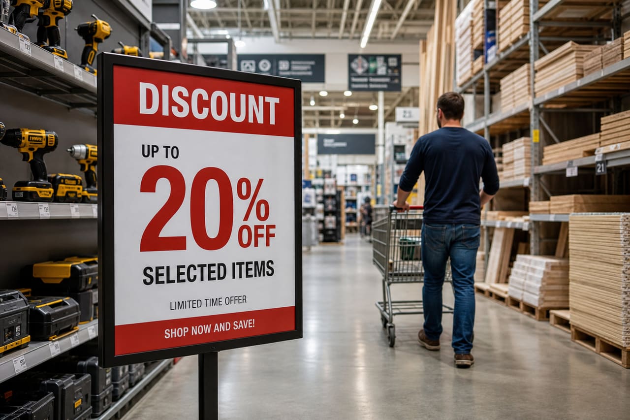 Discount Signage in a Home Improvement Store Aisle
