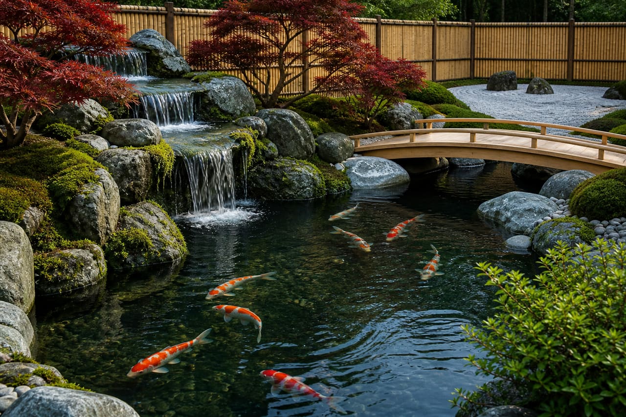 Modern Japanese Koi Pond with Stone Waterfall and Zen Garden