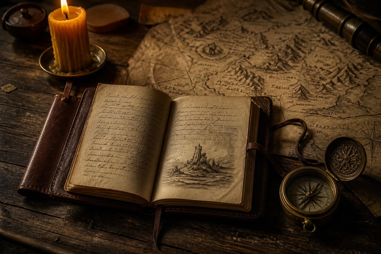 Fantasy Travel Journal and Antique Compass on Wooden Table