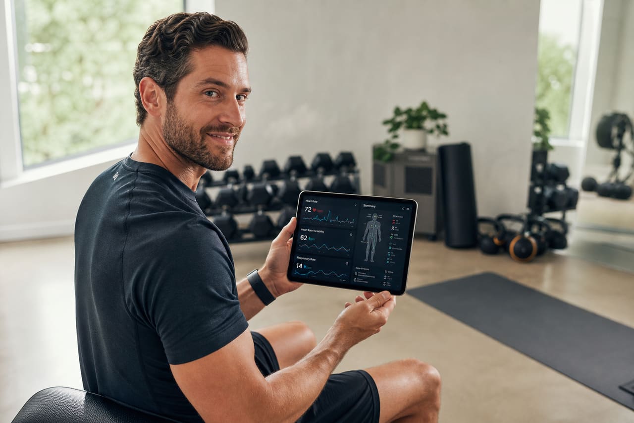 Athlete Comparing Heart Rate and Muscle Growth Progress on Tablet