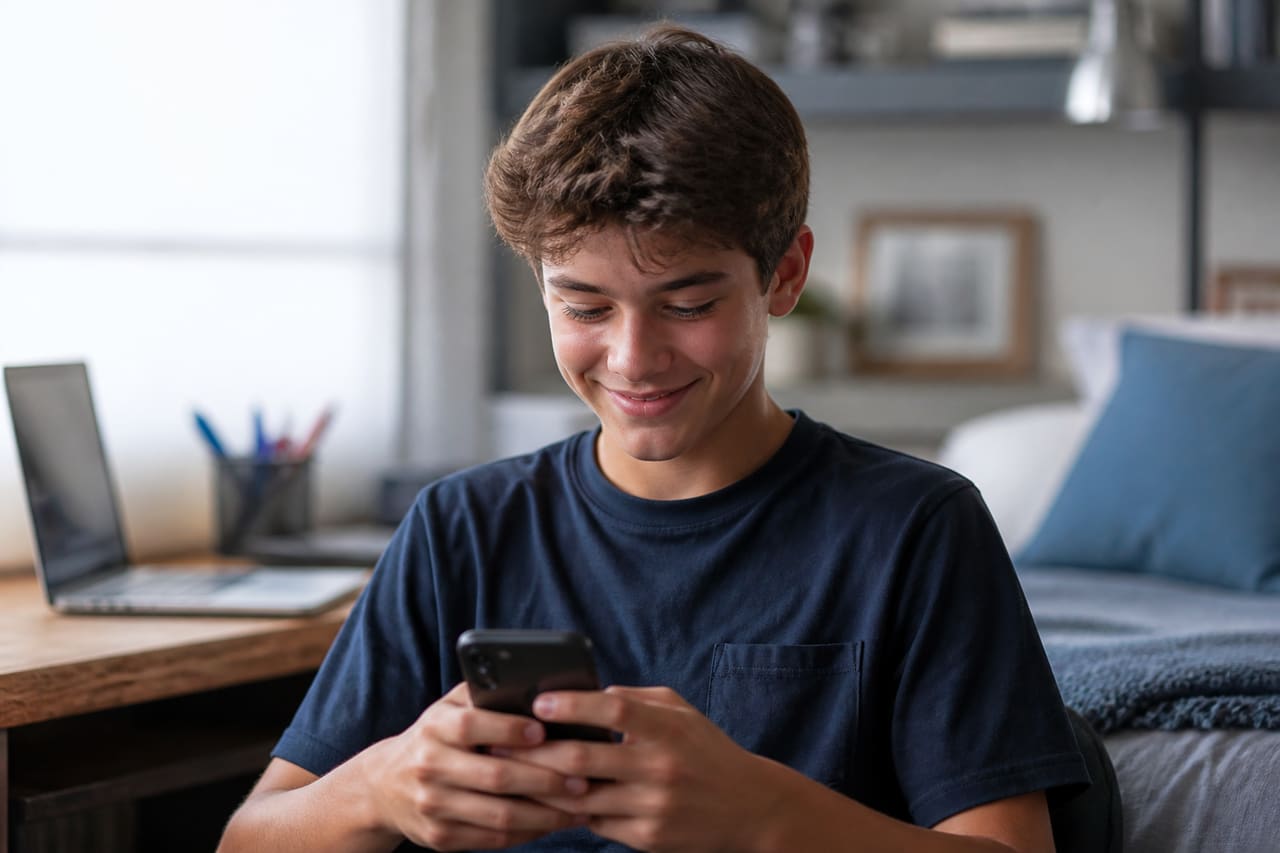 Teenage Boy Smiling While Looking at Smartphone Screen