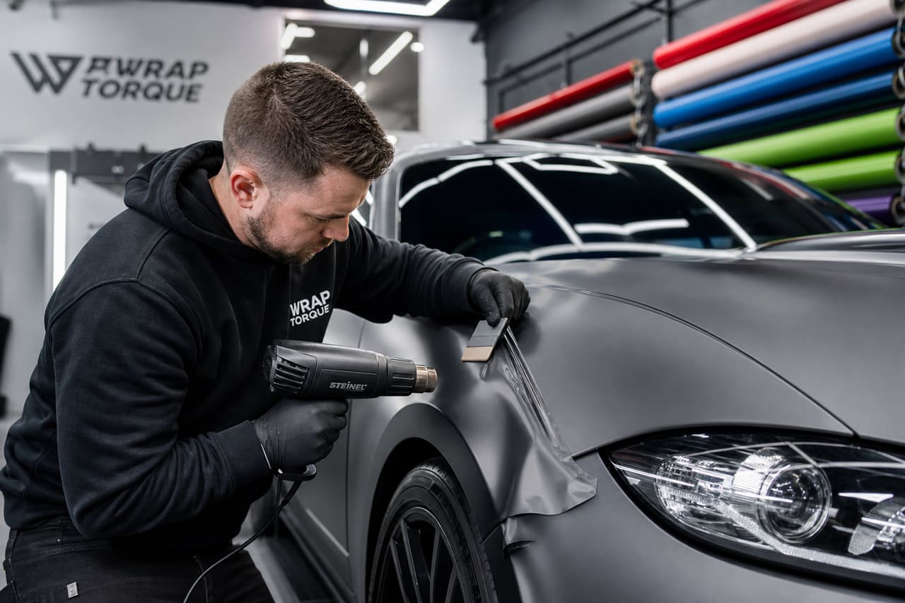 Technician Applying Vinyl Wrap to Luxury Car in Studio