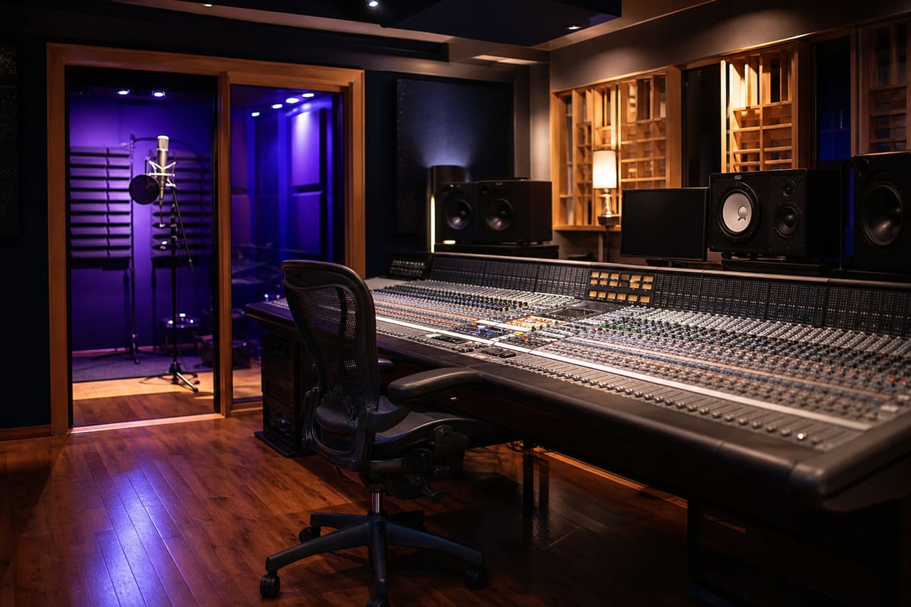 Professional Music Recording Studio with Mixing Console and Acoustic Panels