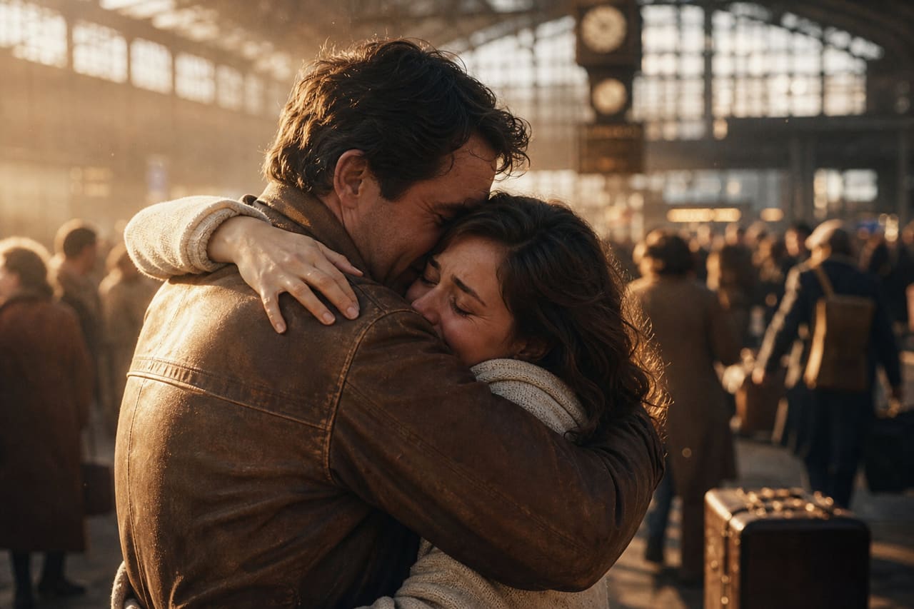 Man and Woman Embracing During Emotional Reunion at Railway Station