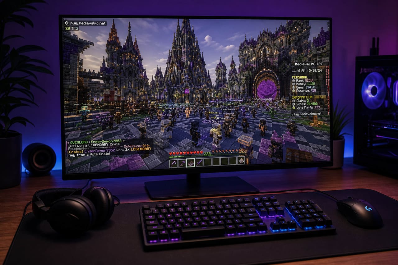 Gaming Setup Displaying a Minecraft Mmorpg Server City