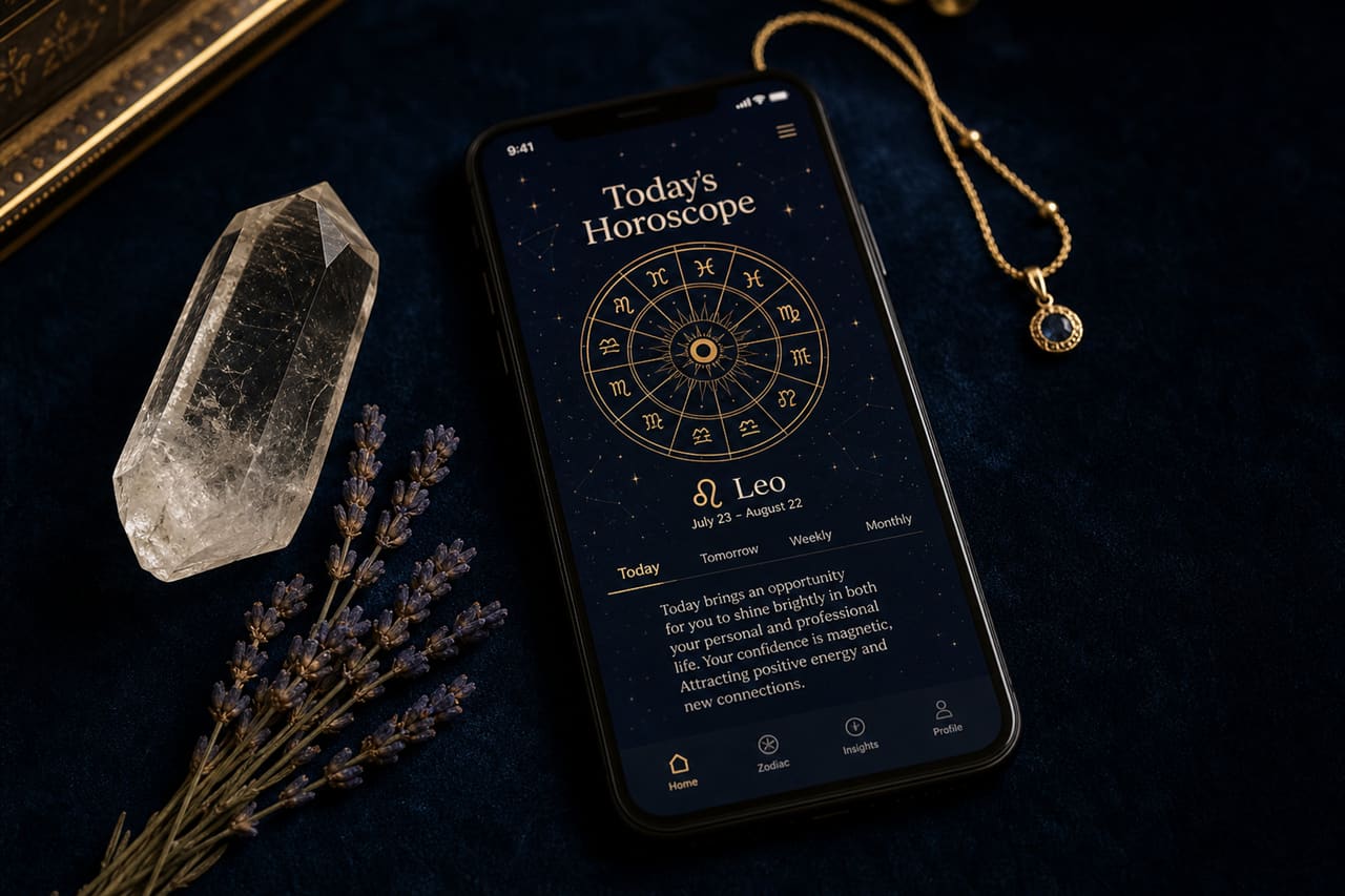 Smartphone Displaying Daily Horoscope App with Crystals and Lavender