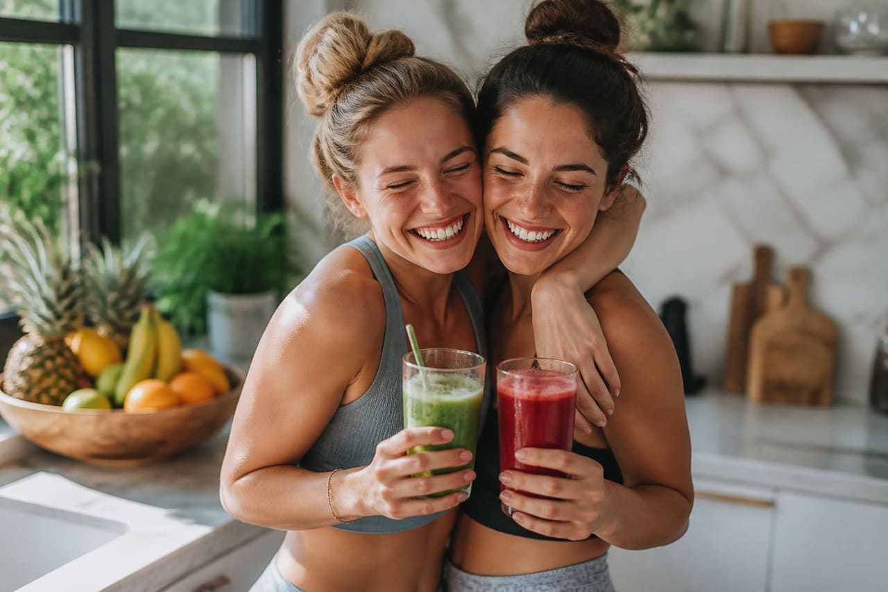 Friends Embracing While Holding Glasses of Fresh Fruit Juice
