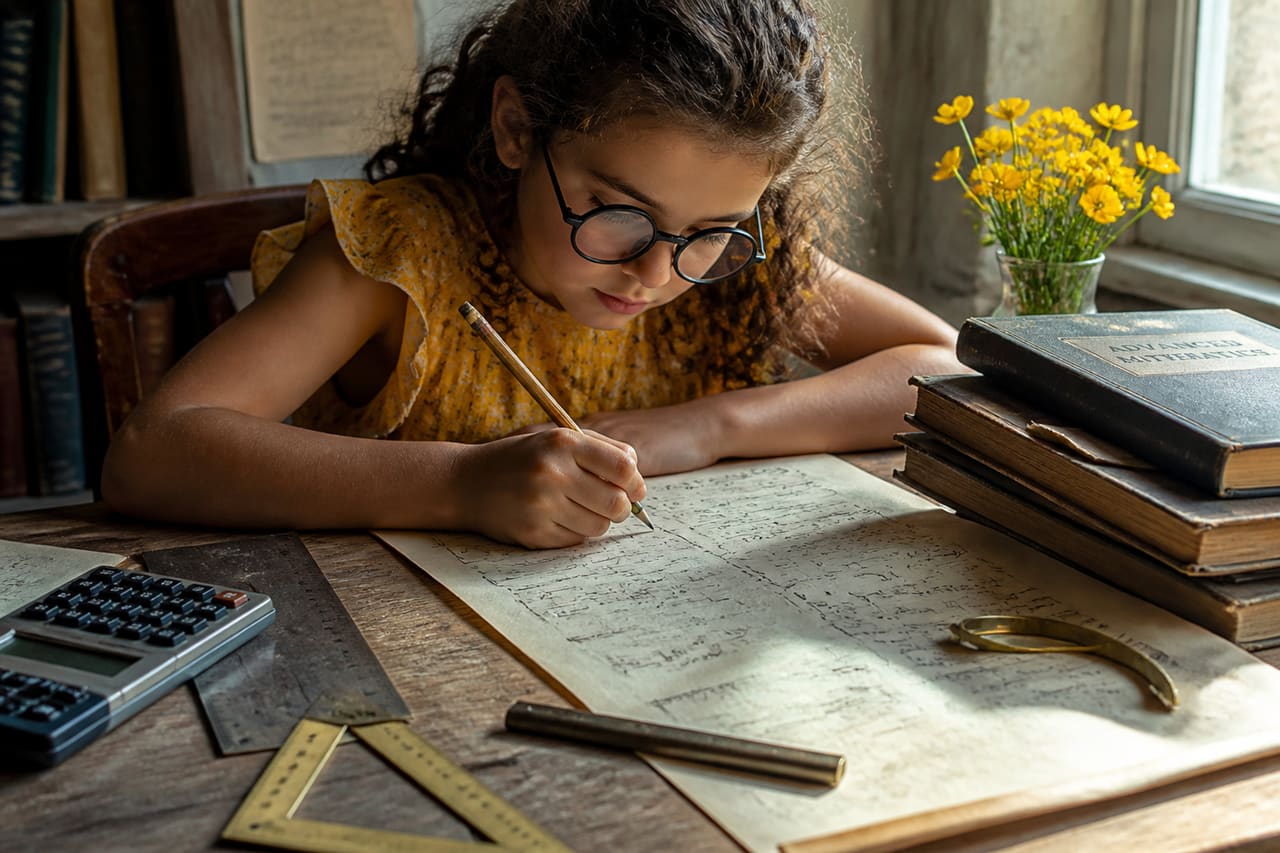 Young Girl Solving Complex Math Equations at a Wooden Desk