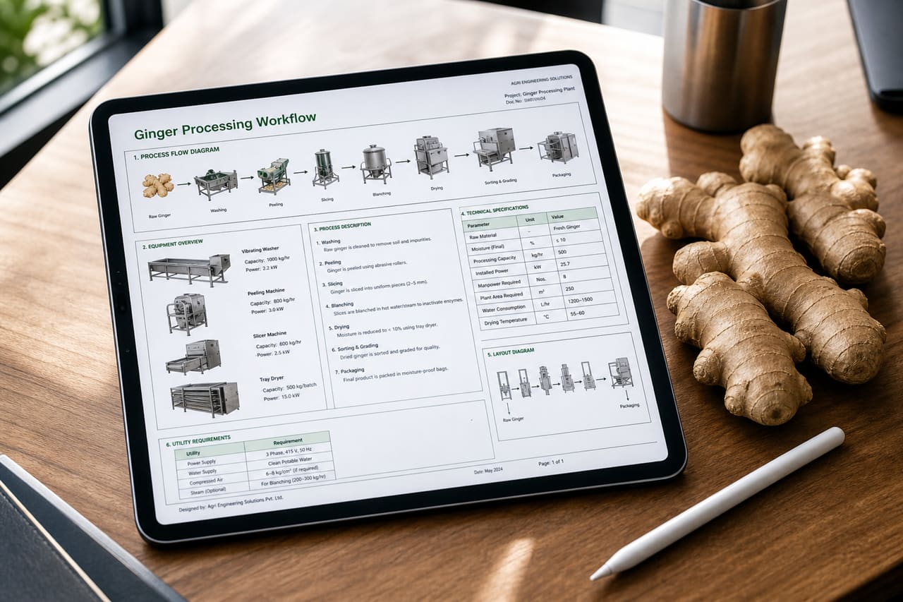Technical Ginger Processing PDF Displayed on Digital Tablet