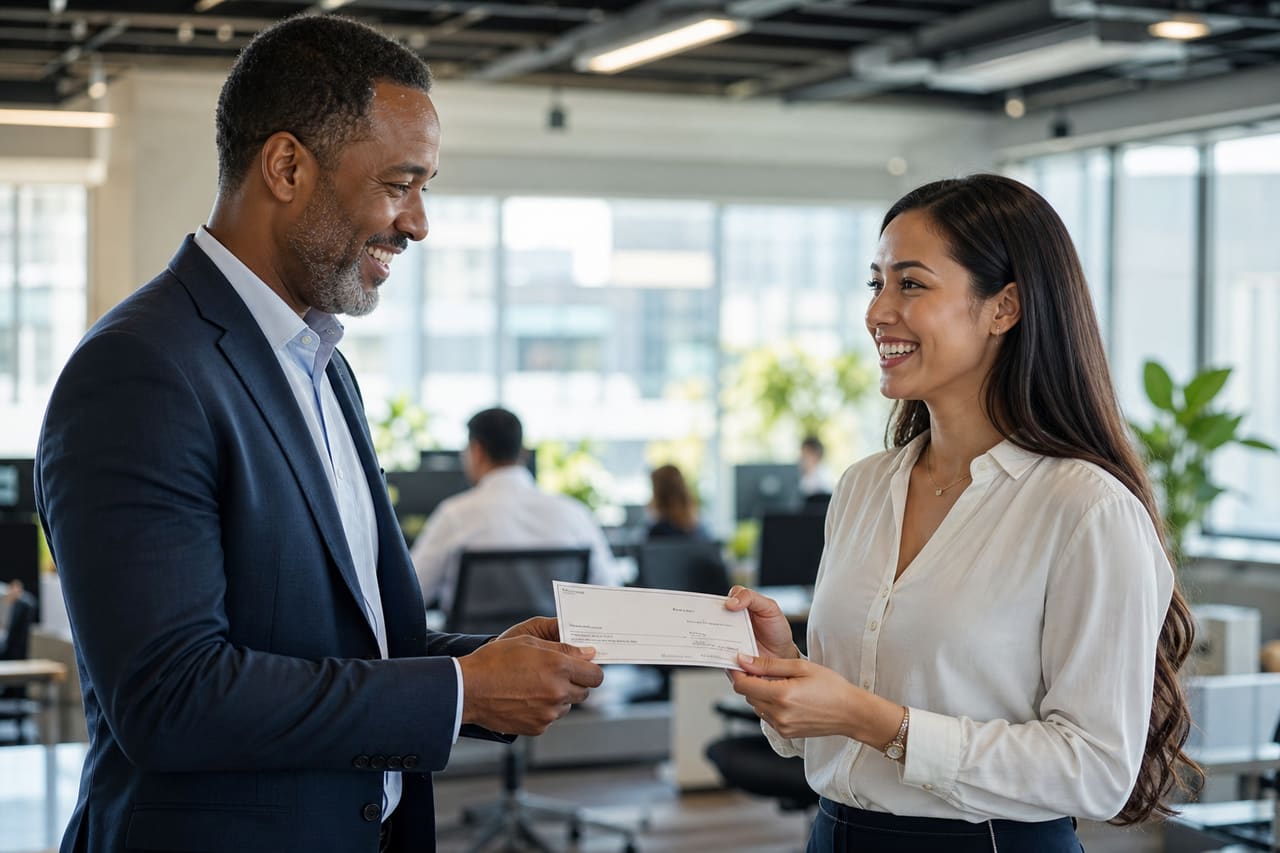 Employee Receiving a Performance Bonus Check from Manager