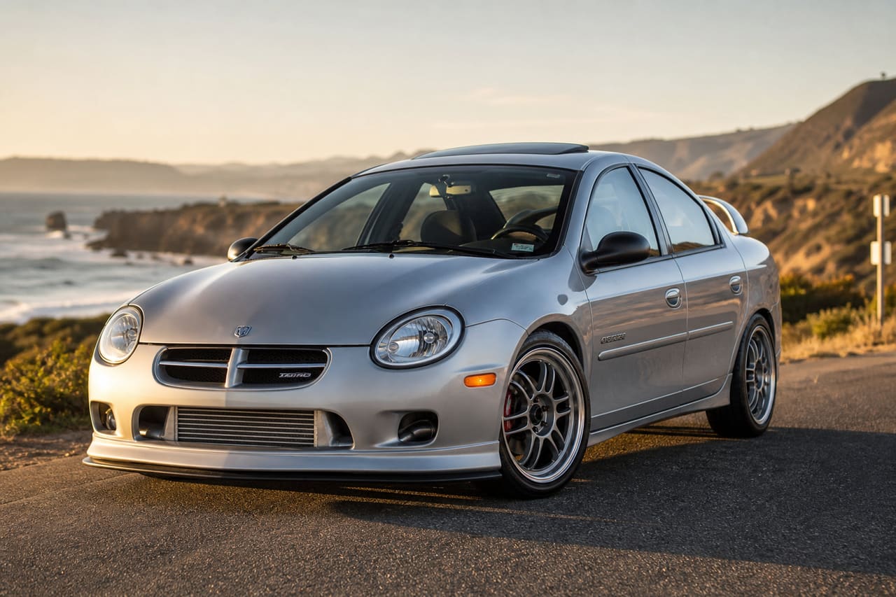 Silver 2001 Dodge Turbo Modified Compact Car on Coastal Road