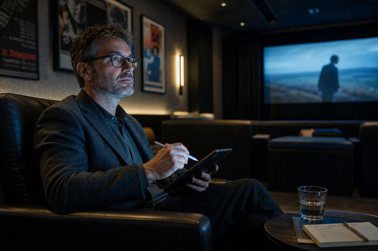 Film Critic Taking Notes During a Movie Screening