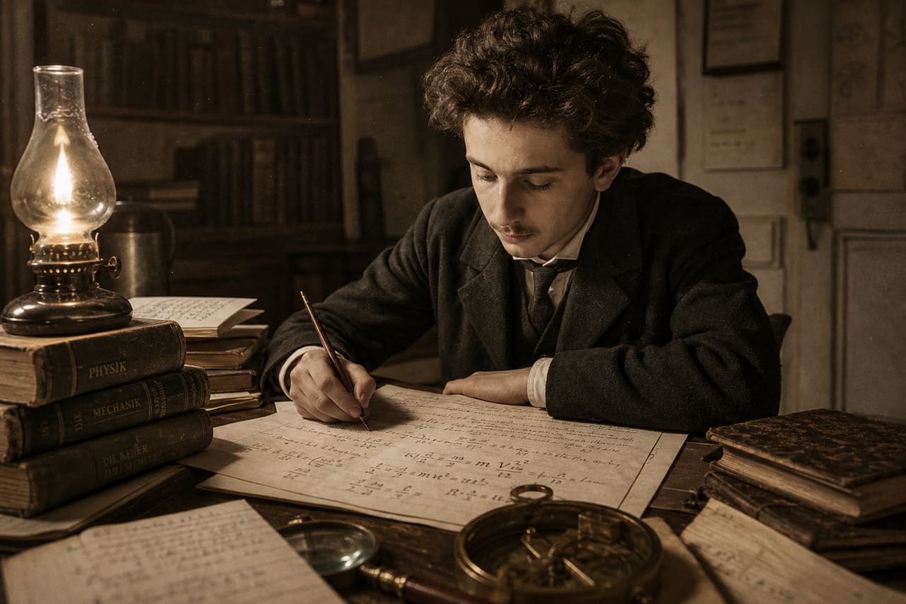 Young Albert Einstein Writing Equations in a Vintage Study