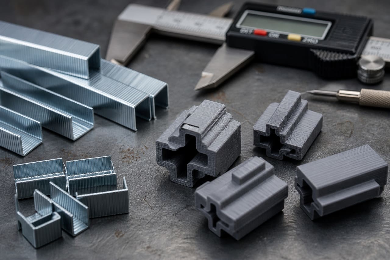 Mechanical Staples and 3D Printed Plastic Components on Workbench